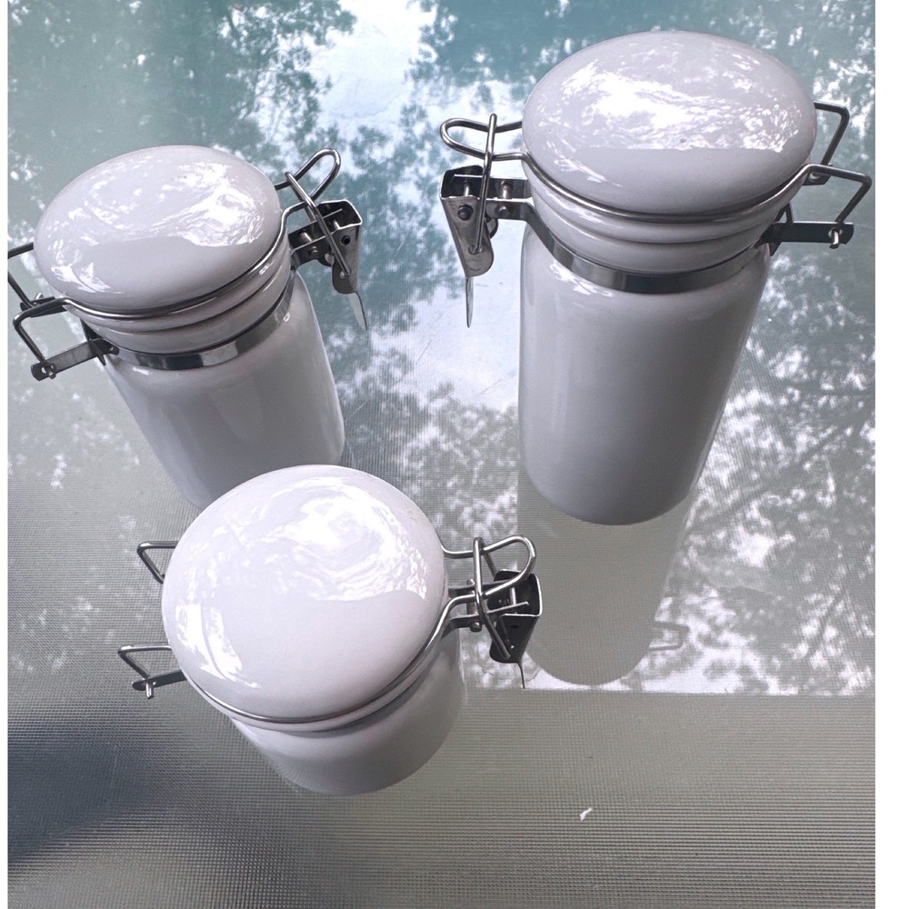 OGGI Ceramic Canister Set 3 Pc White Airtight Clamp Lock Lid Kitchen Storage